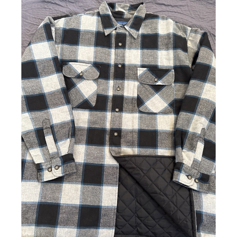 Vintage Towncraft Shirt Mens XL‎ Gray Black Flannel Plaid Shacket Lined 80s LS